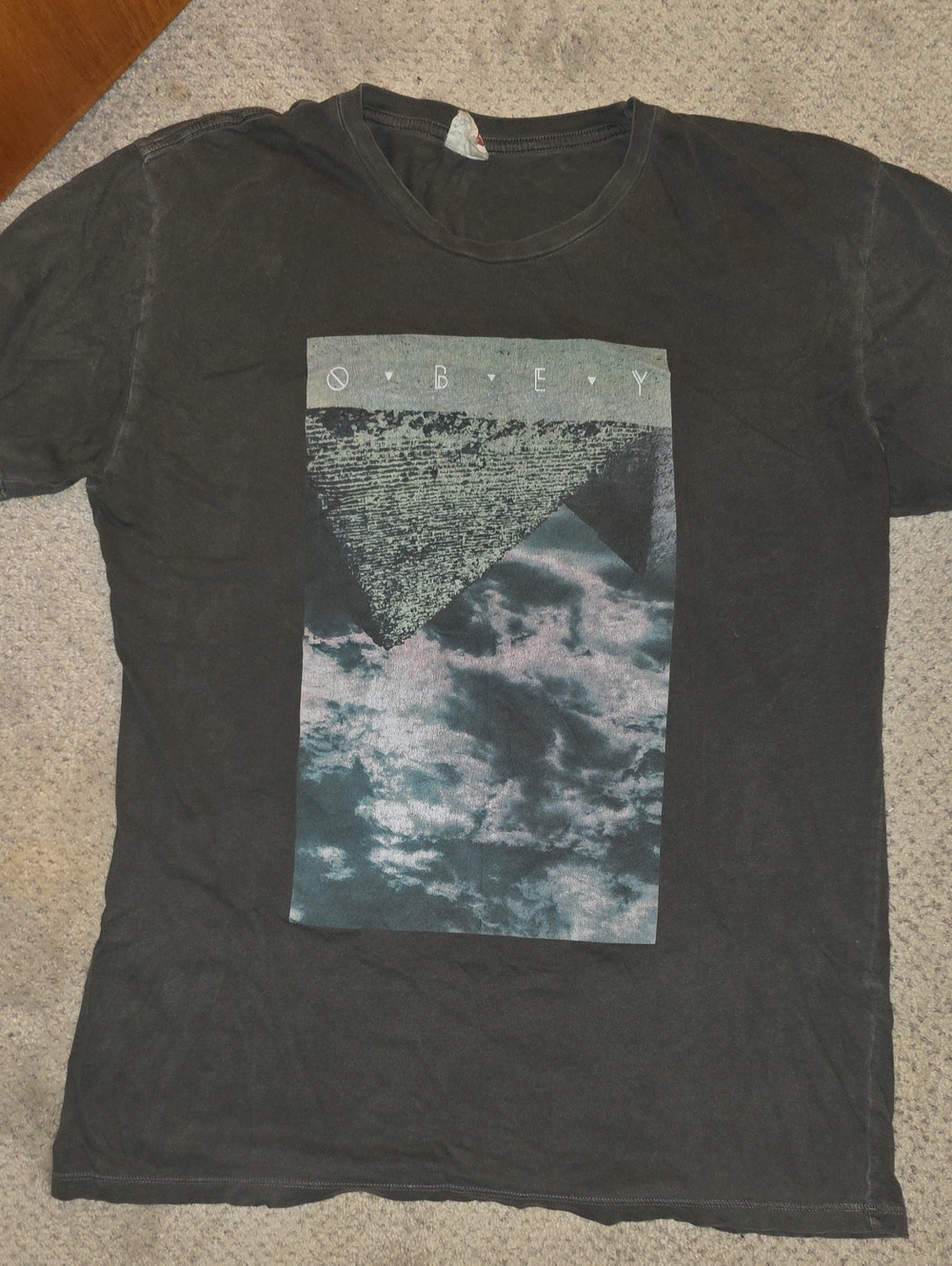 Obey Dark Gray Crewneck Tee with Red Logo Tag